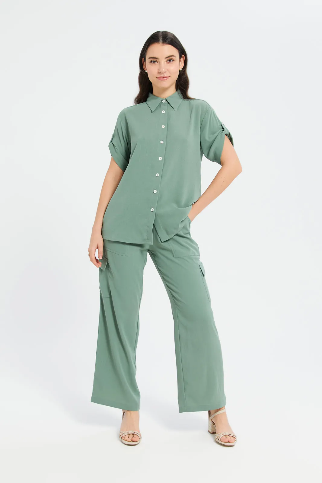 Women Green Plain Wide Leg Trouser sold by Redtag product image thumbnail 2