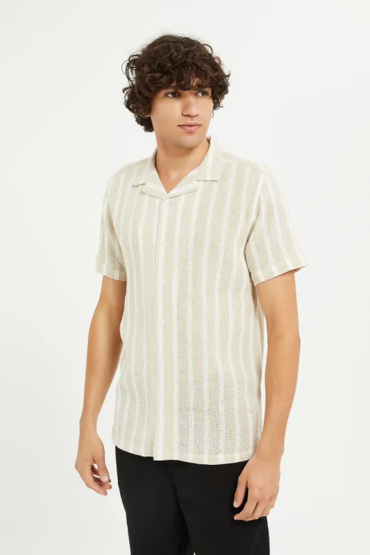 Men Beige Loose Knit Striped Shirt sold by Redtag