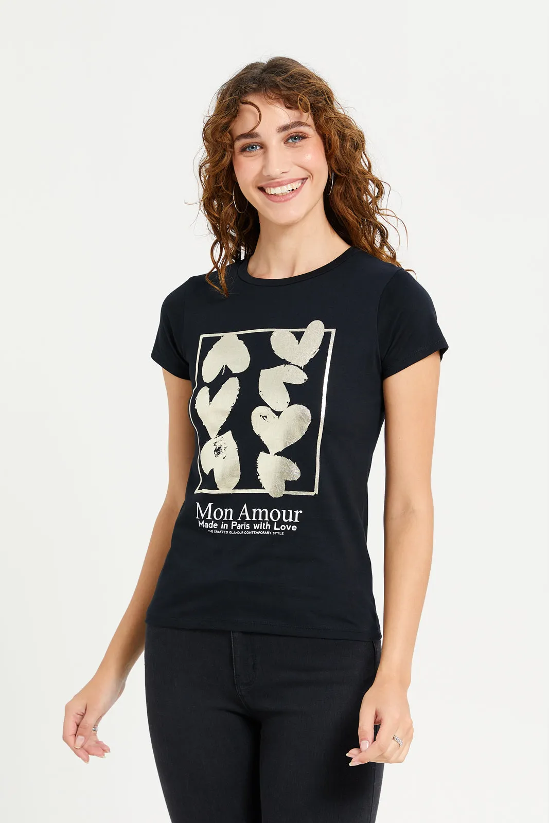 Women Black Foil Printed T-Shirt sold by Redtag
