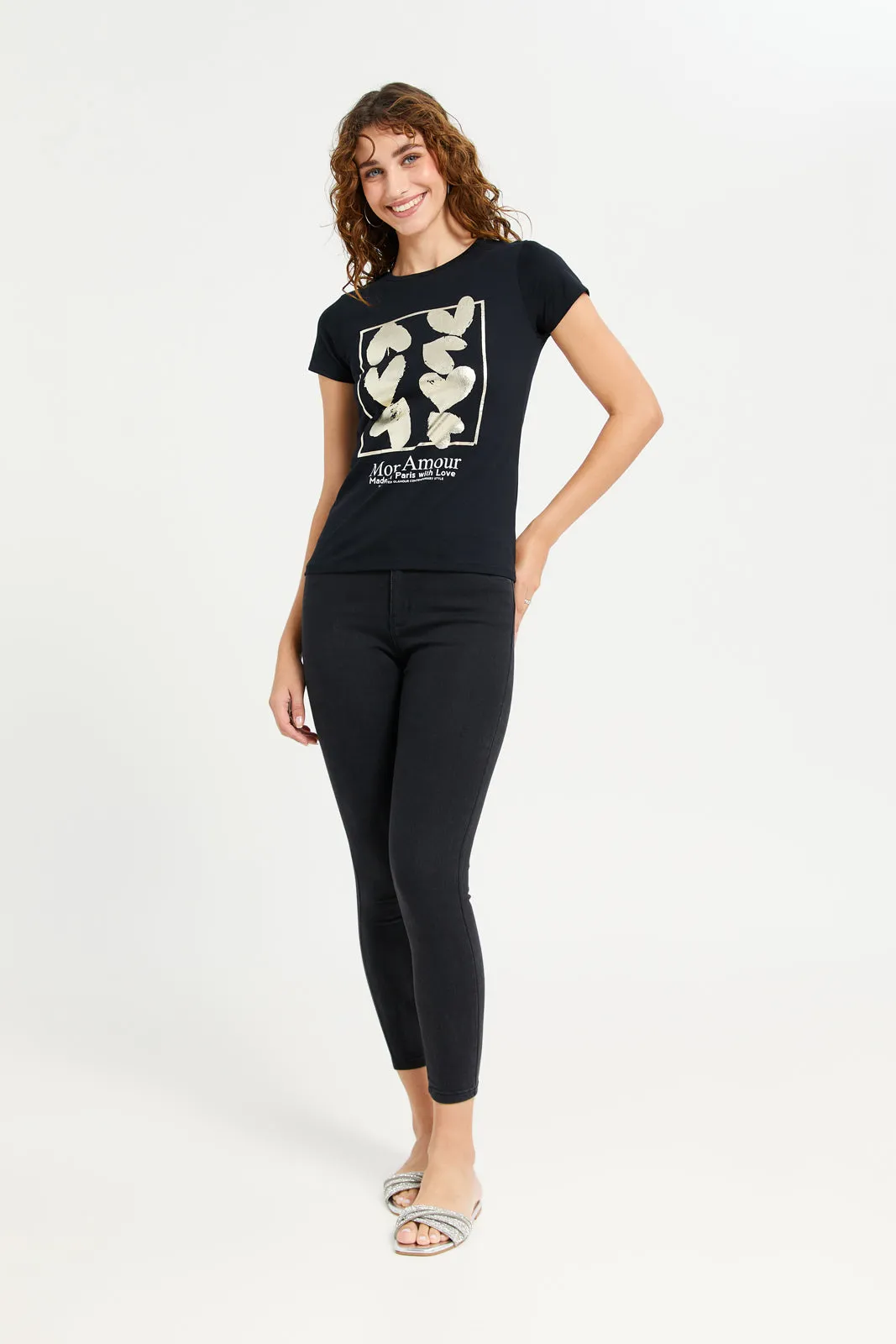 Women Black Foil Printed T-Shirt sold by Redtag product image thumbnail 2