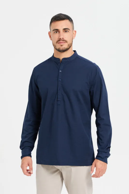 Men Navy Mandarin Collar Shirt sold by Redtag