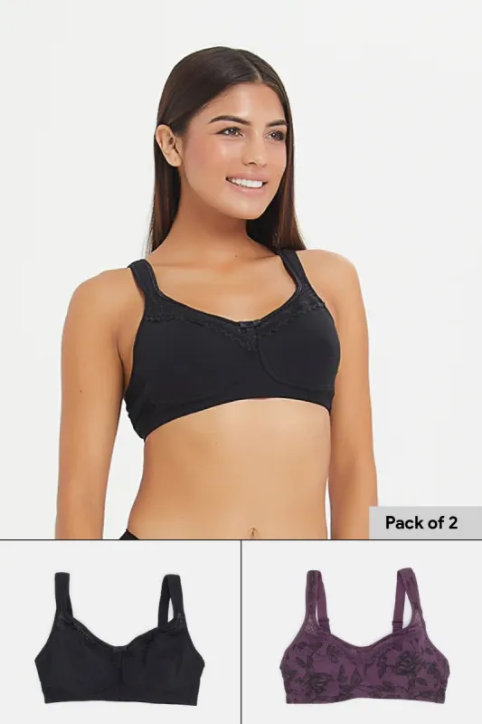 Women Black And Purple Non Padded Bra Set (Pack Of 2) sold by Redtag