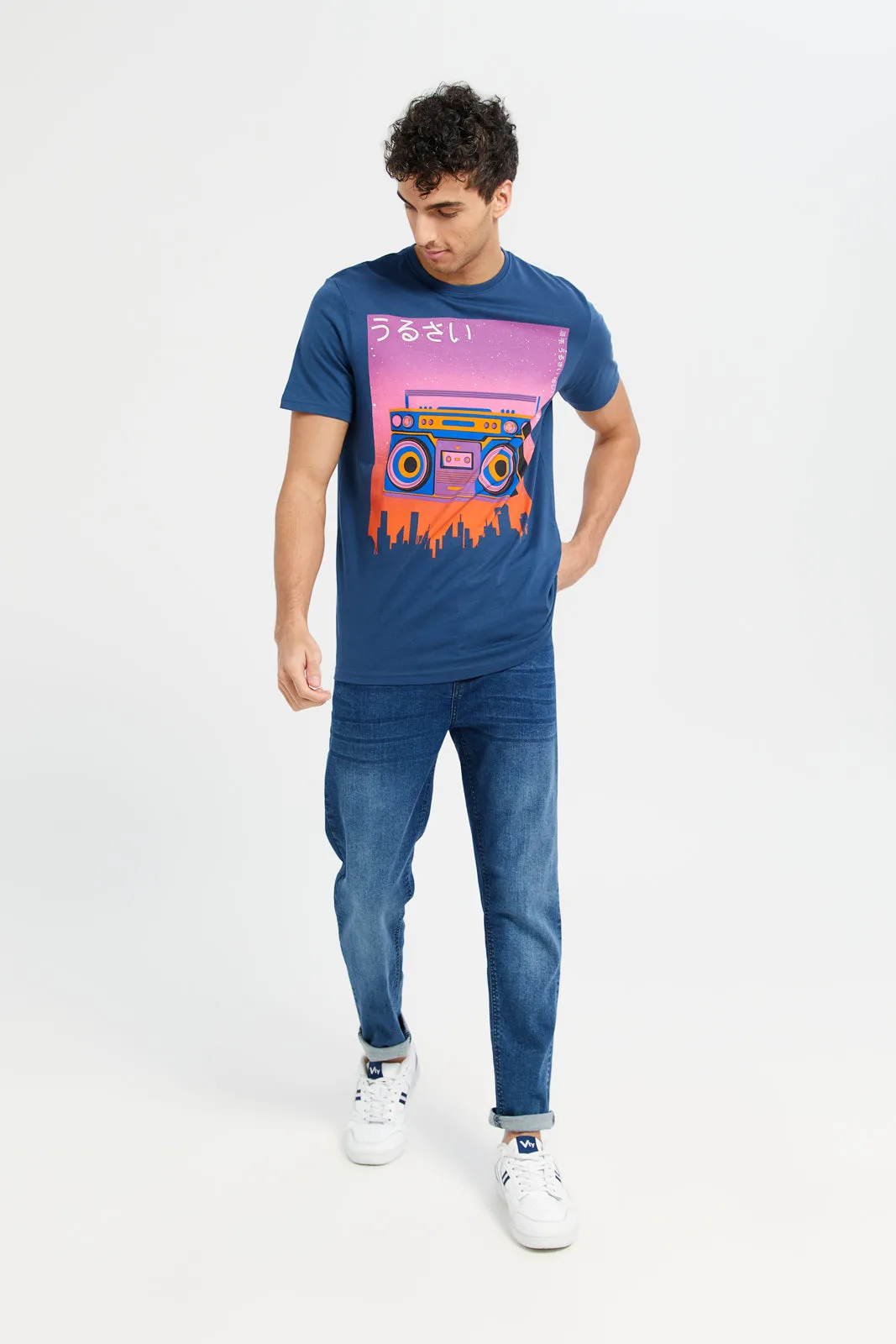 Men Blue Stereo Print T-Shirt sold by Redtag product image thumbnail 2