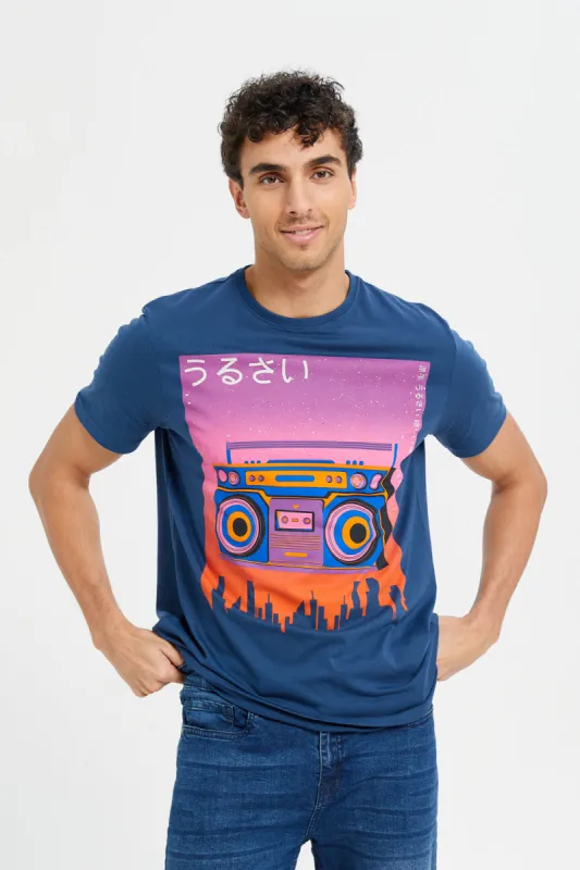 Men Blue Stereo Print T-Shirt sold by Redtag