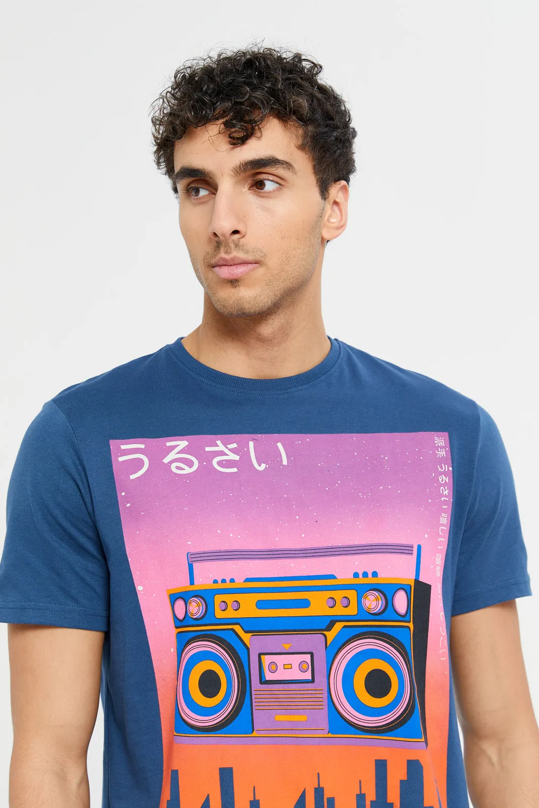 Men Blue Stereo Print T-Shirt sold by Redtag product image thumbnail 4