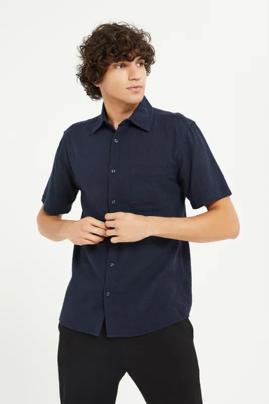 Men Navy Seersucker Short Sleeve Shirt sold by Redtag