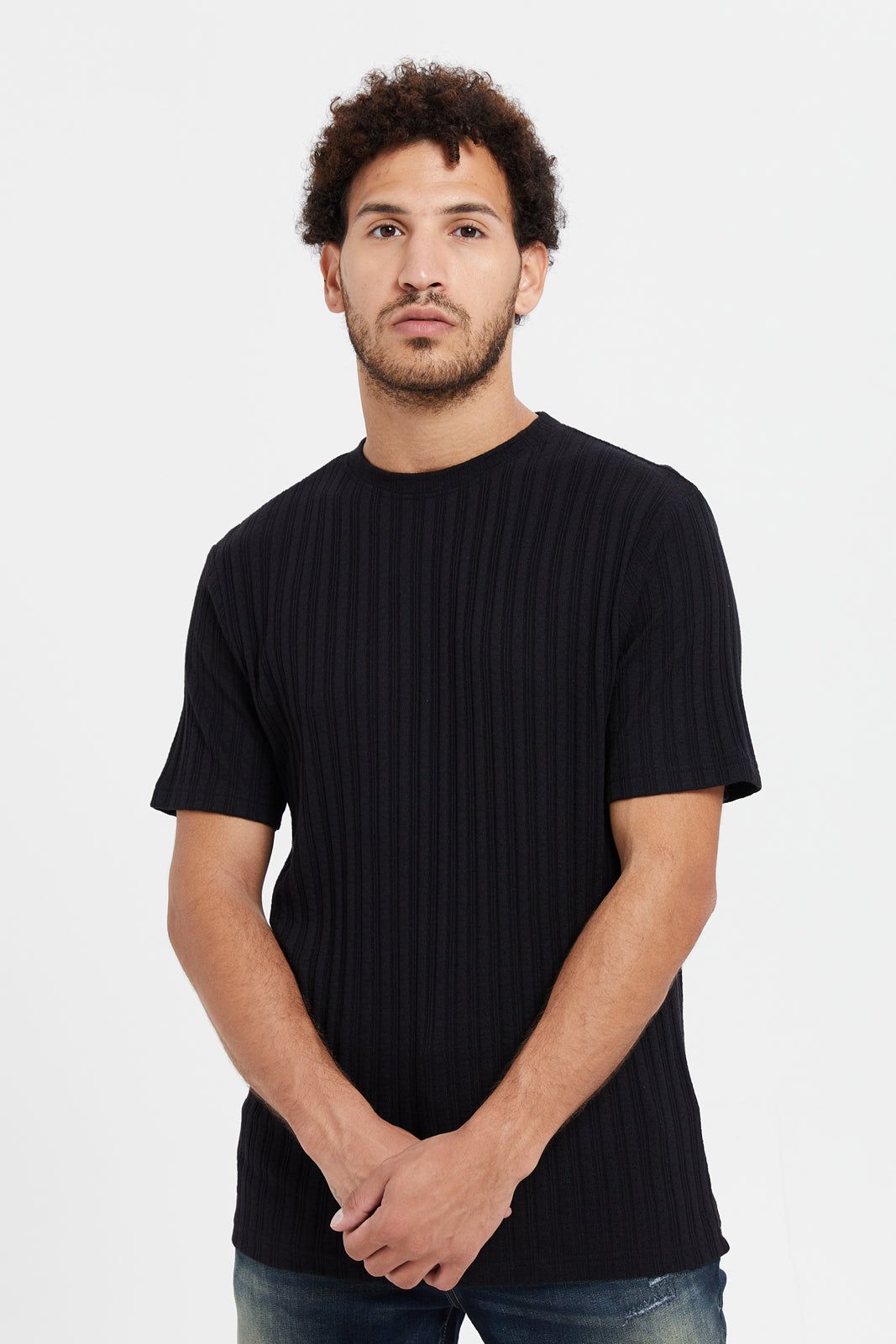 Men Black Jacquard Knit T-Shirt sold by Redtag