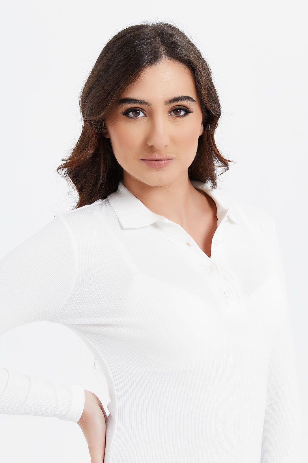 Women White Ribbed Polo Shirt sold by Redtag product image thumbnail 4