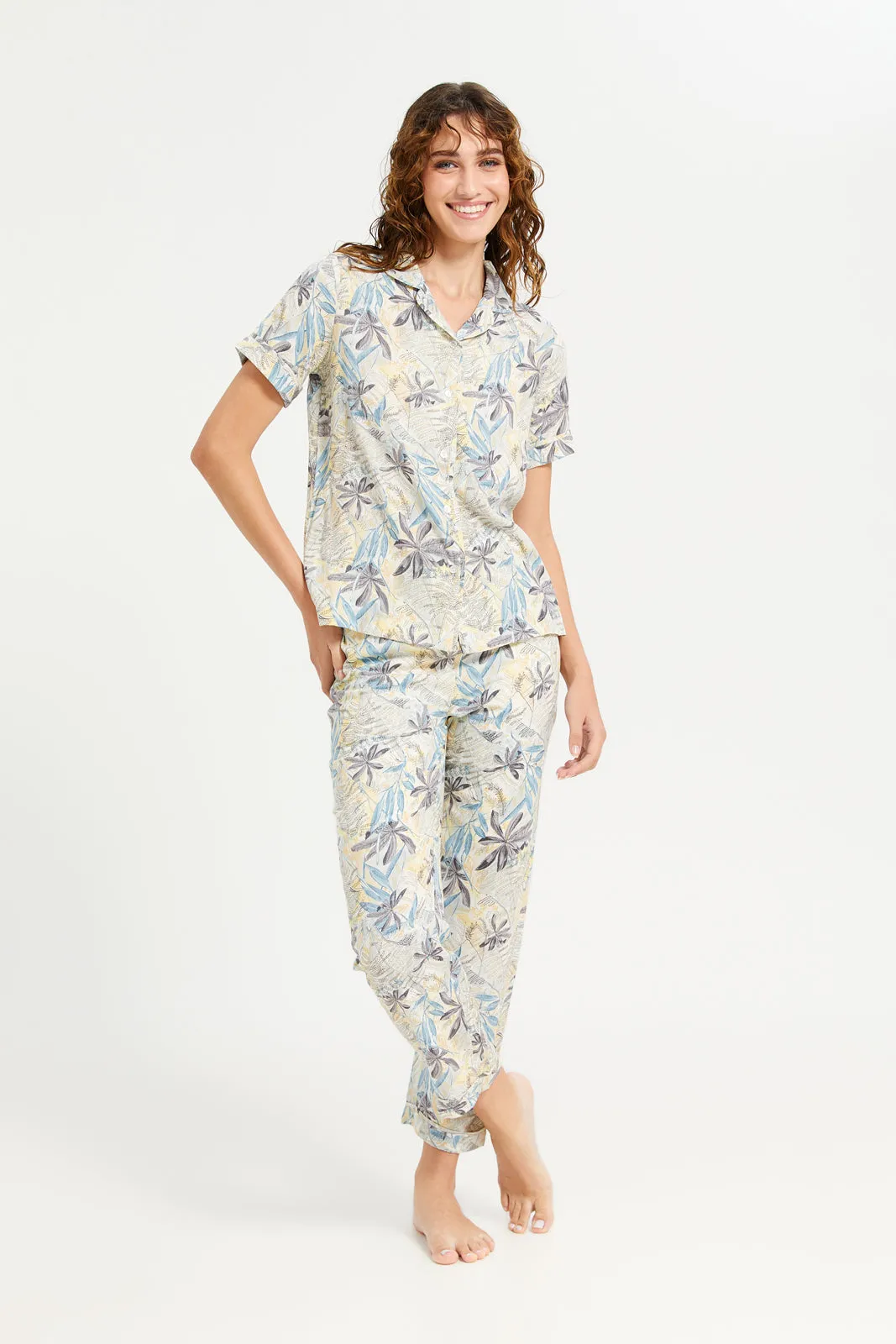 Women Yellow Printed Pyjama Set (2 Piece) sold by Redtag