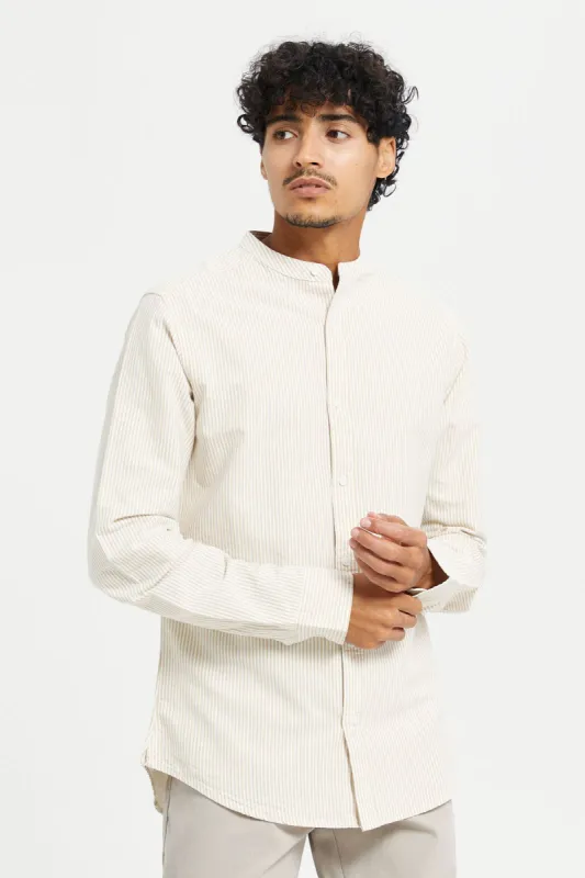 Men Beige Striped Mandarin Collar Shirt sold by Redtag
