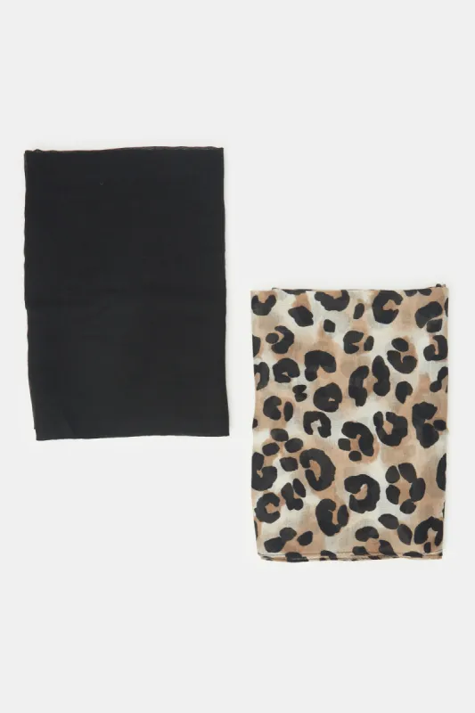 Women Black And Brown Solid And Printed Pashmina Scarf (Pack of 2) sold by Redtag