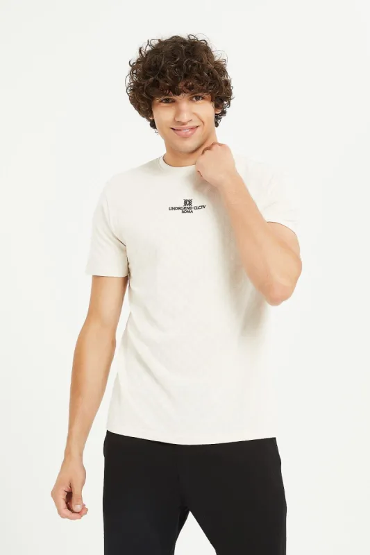 Men Beige Jacquard T-Shirt sold by Redtag