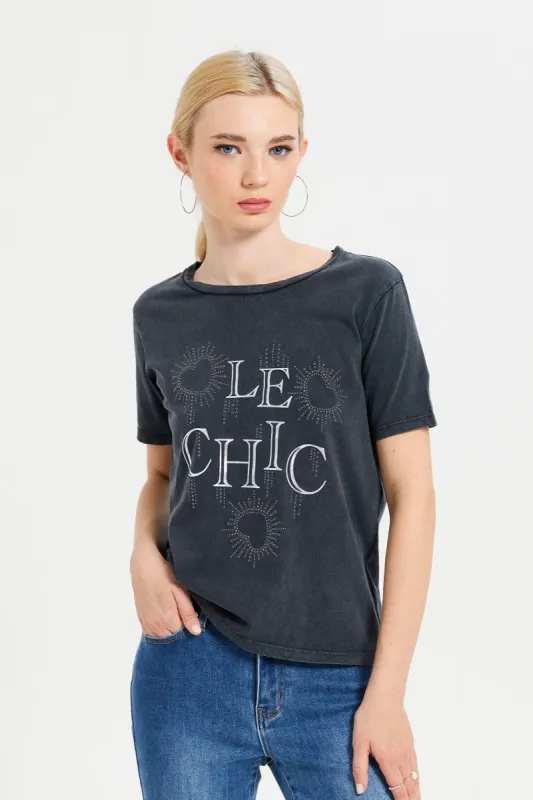 Women Charcoal Embellished T-Shirt sold by Redtag