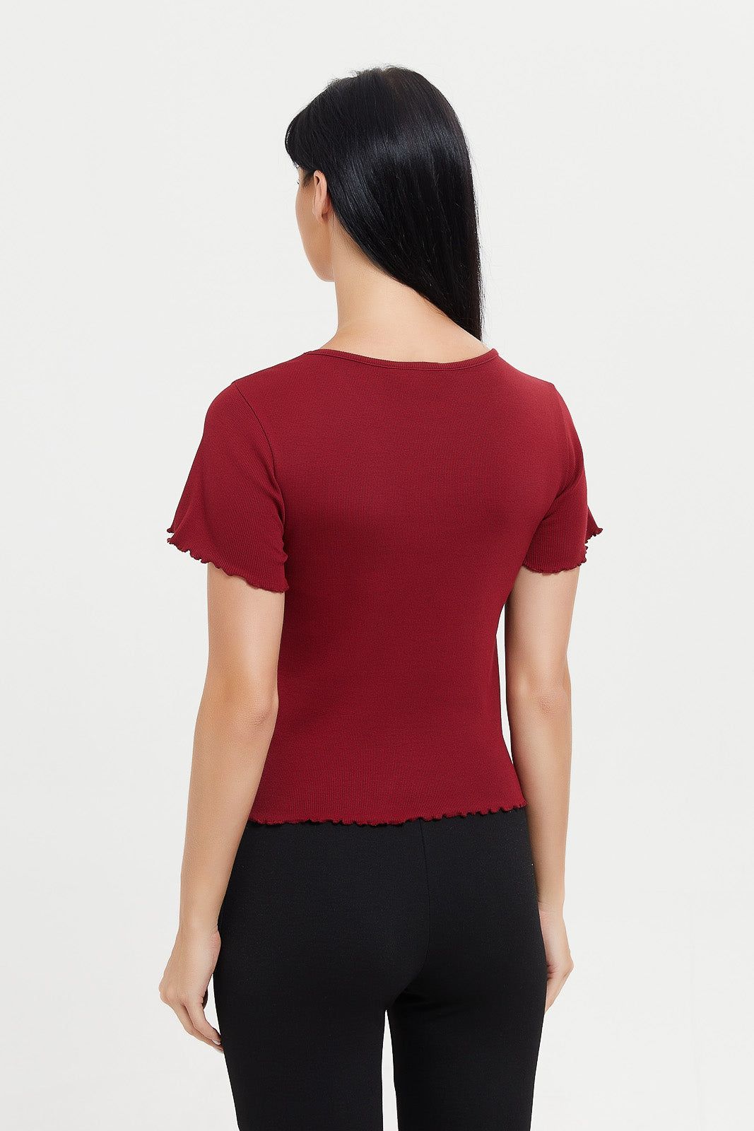 Women Burgundy Printed Ribbed T-Shirt sold by Redtag product image thumbnail 3