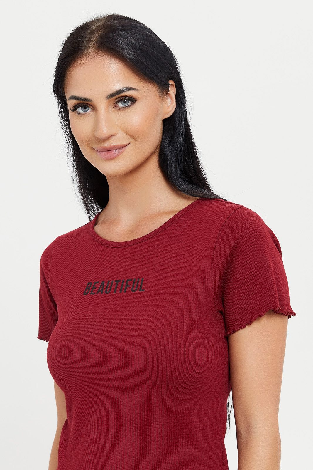 Women Burgundy Printed Ribbed T-Shirt sold by Redtag product image thumbnail 4