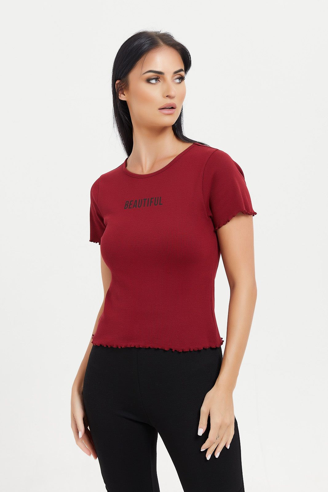Women Burgundy Printed Ribbed T-Shirt sold by Redtag