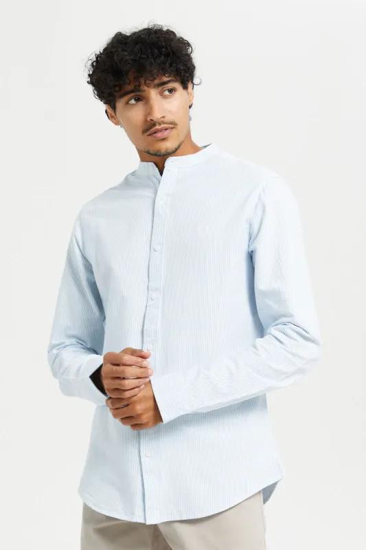 Men Blue Striped Mandarin Collar Shirt sold by Redtag