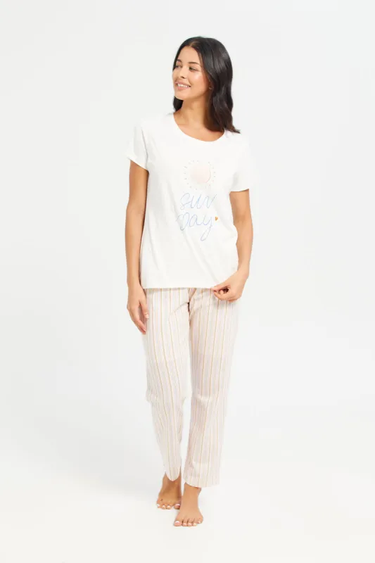 Women White Printed T-Shirt And Pants Pyjama Set (2 Piece) sold by Redtag