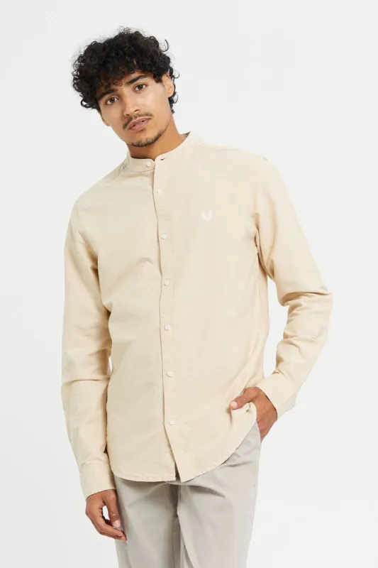 Men Beige Mandarin Collar Shirt sold by Redtag