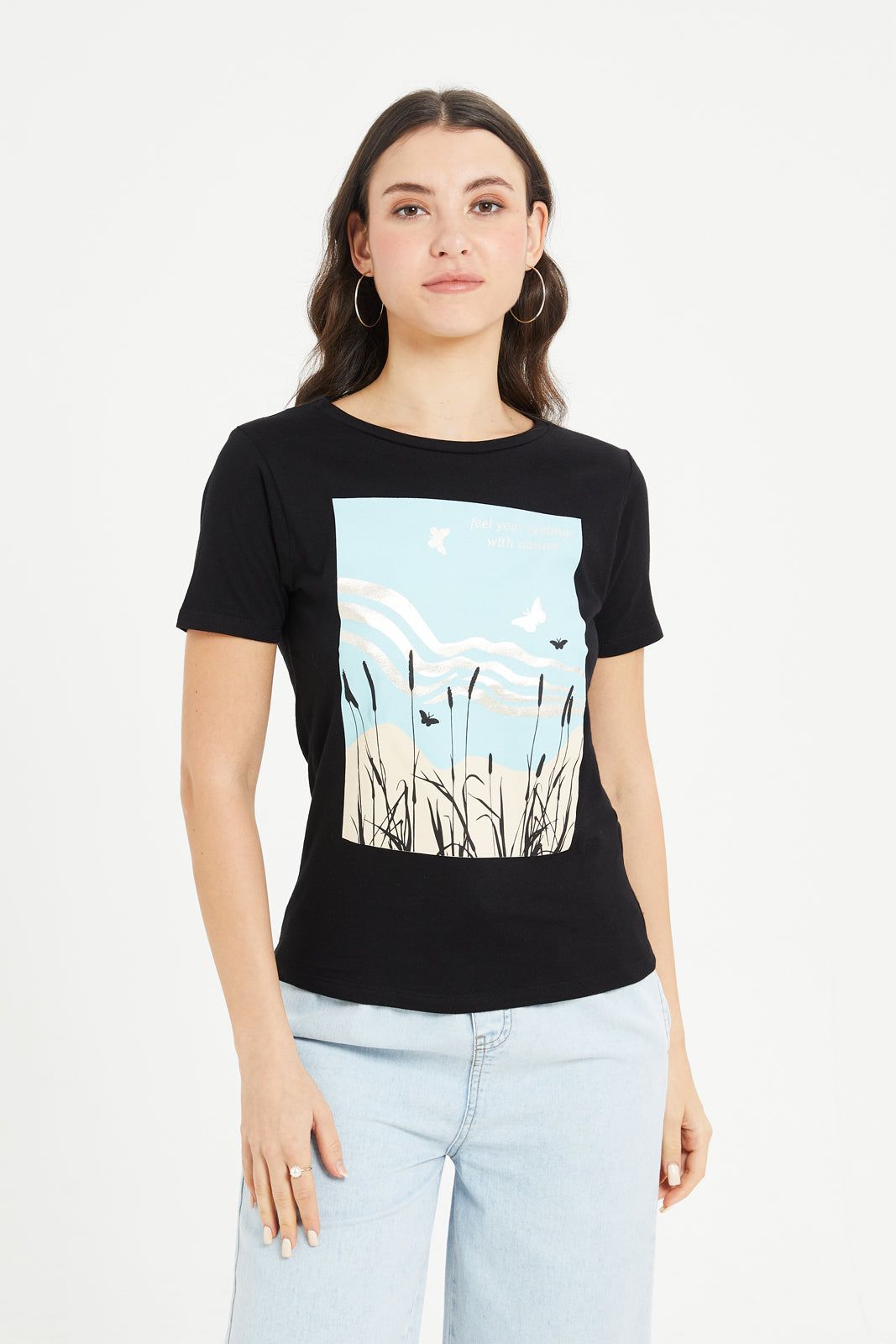 Women Black Floral Foil T-Shirt sold by Redtag