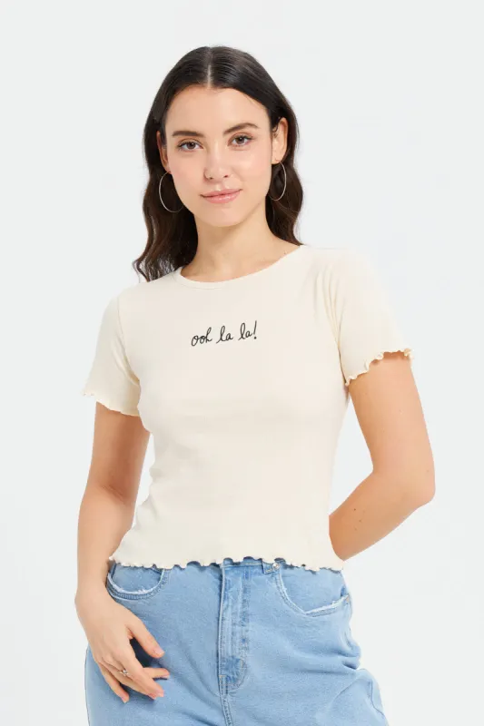 Women Cream Printed Rib T-Shirt sold by Redtag