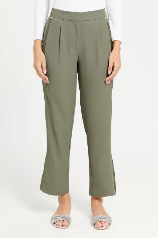 Women Olive Wide Leg Trousers With Satin Panel Details sold by Redtag