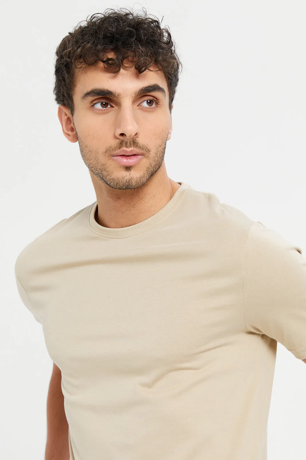 Men Beige Plain Round Neck T-Shirt sold by Redtag product image thumbnail 4