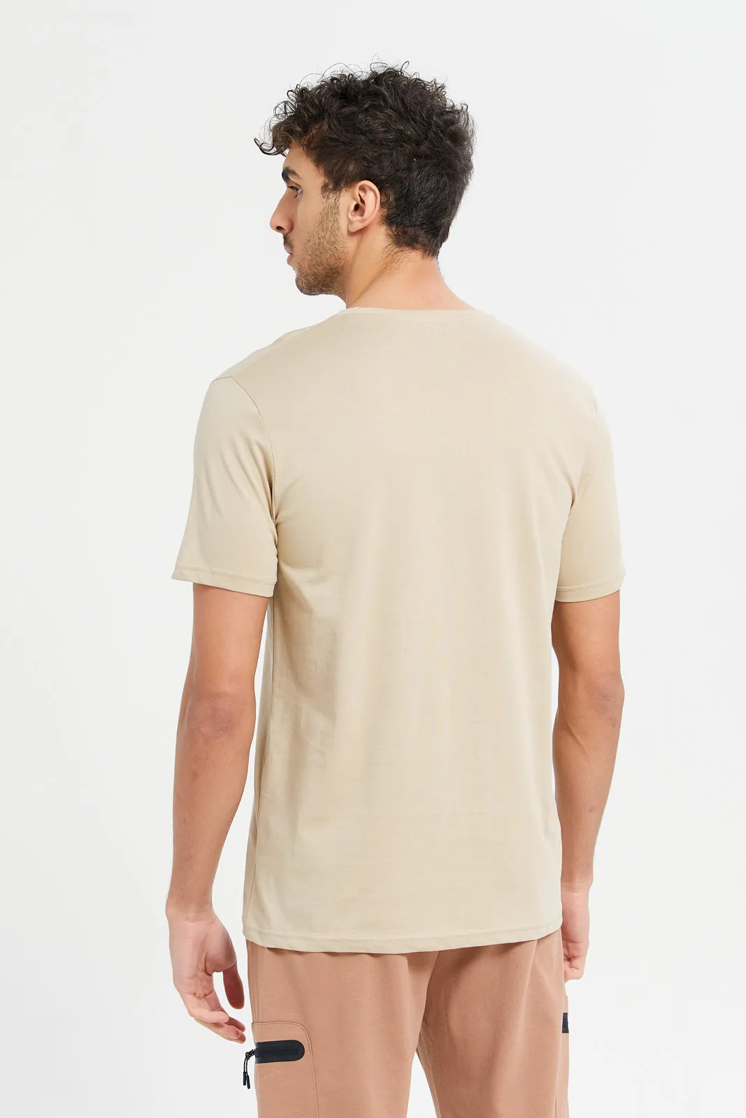 Men Beige Plain Round Neck T-Shirt sold by Redtag product image thumbnail 3