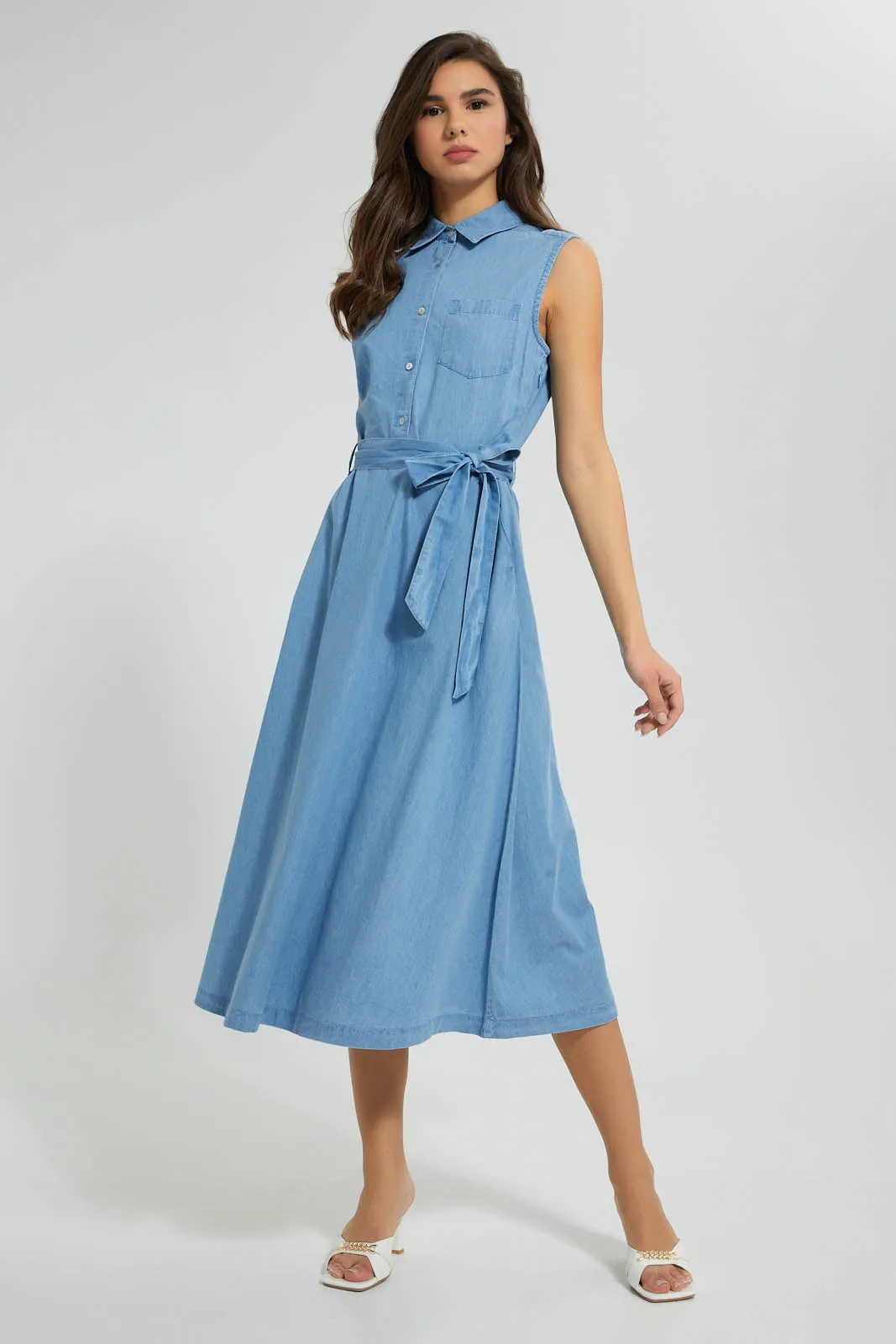 Blue Sleeveless Denim Midi Dress sold by Redtag product image thumbnail 4