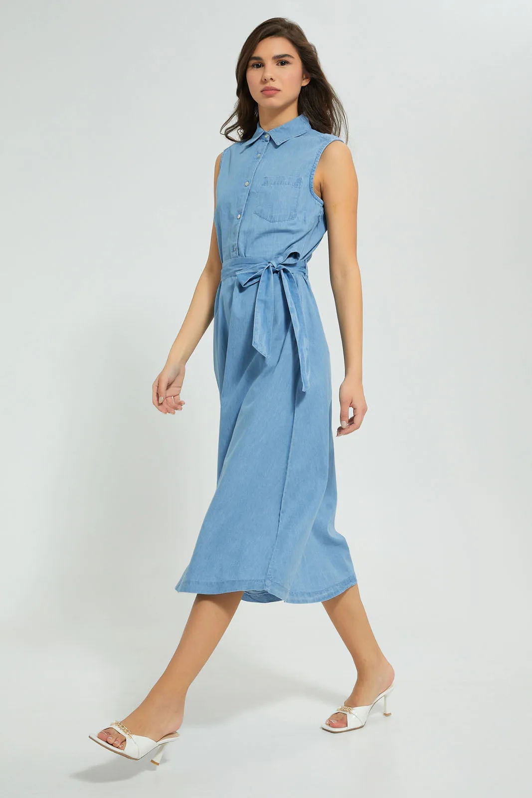 Blue Sleeveless Denim Midi Dress sold by Redtag