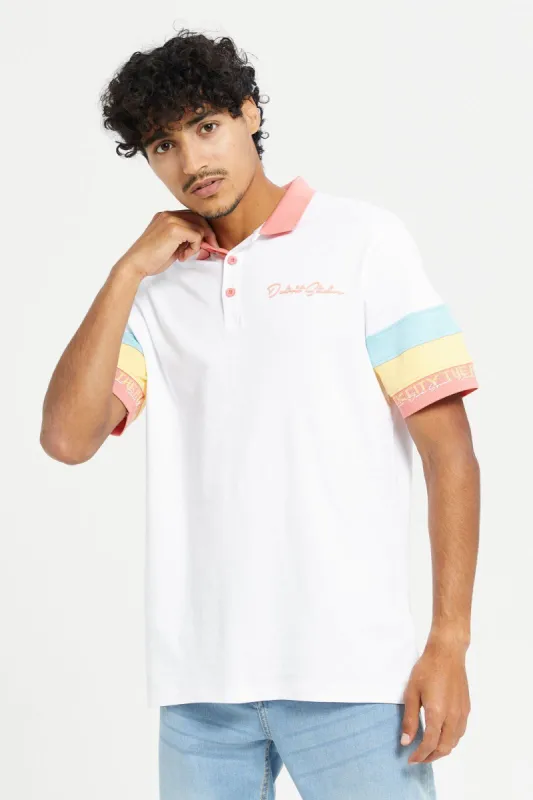 Men White Color Block Polo Shirt sold by Redtag