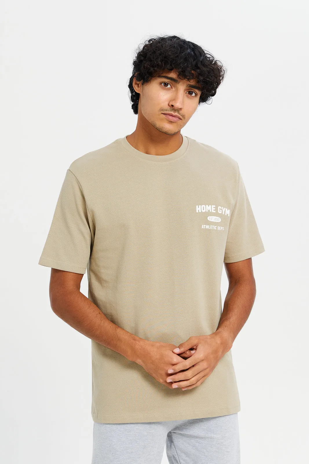 Men Beige Jacquard Logo T-Shirt sold by Redtag