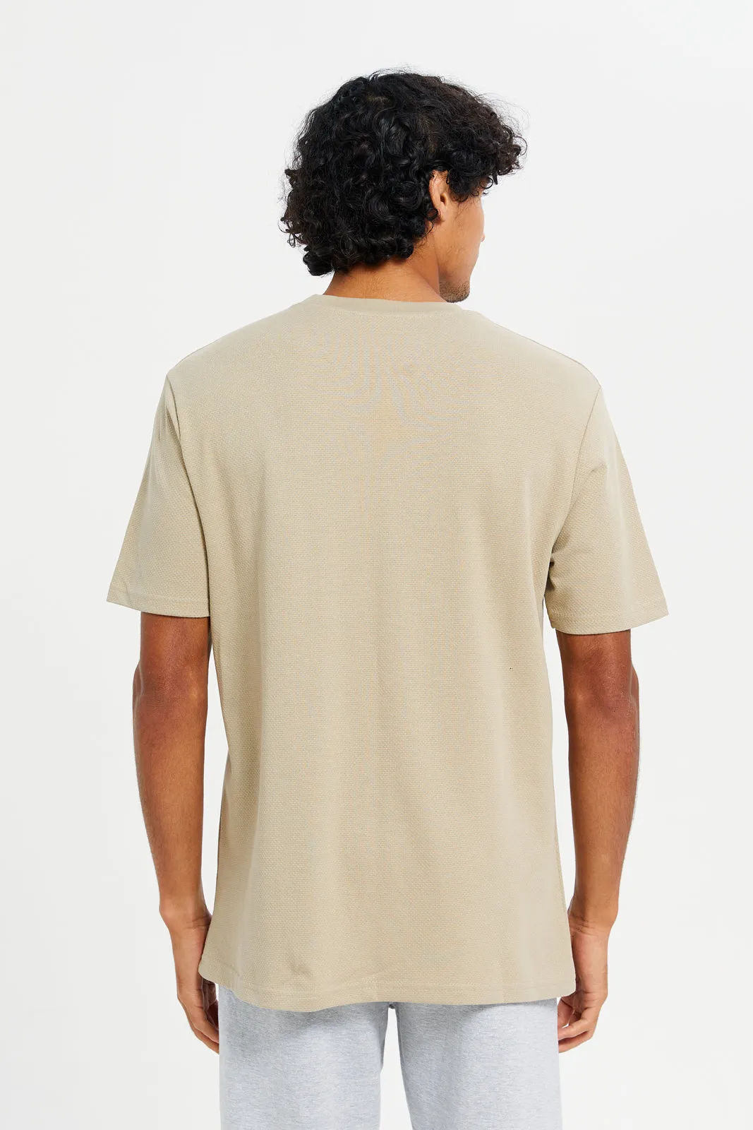 Men Beige Jacquard Logo T-Shirt sold by Redtag product image thumbnail 3