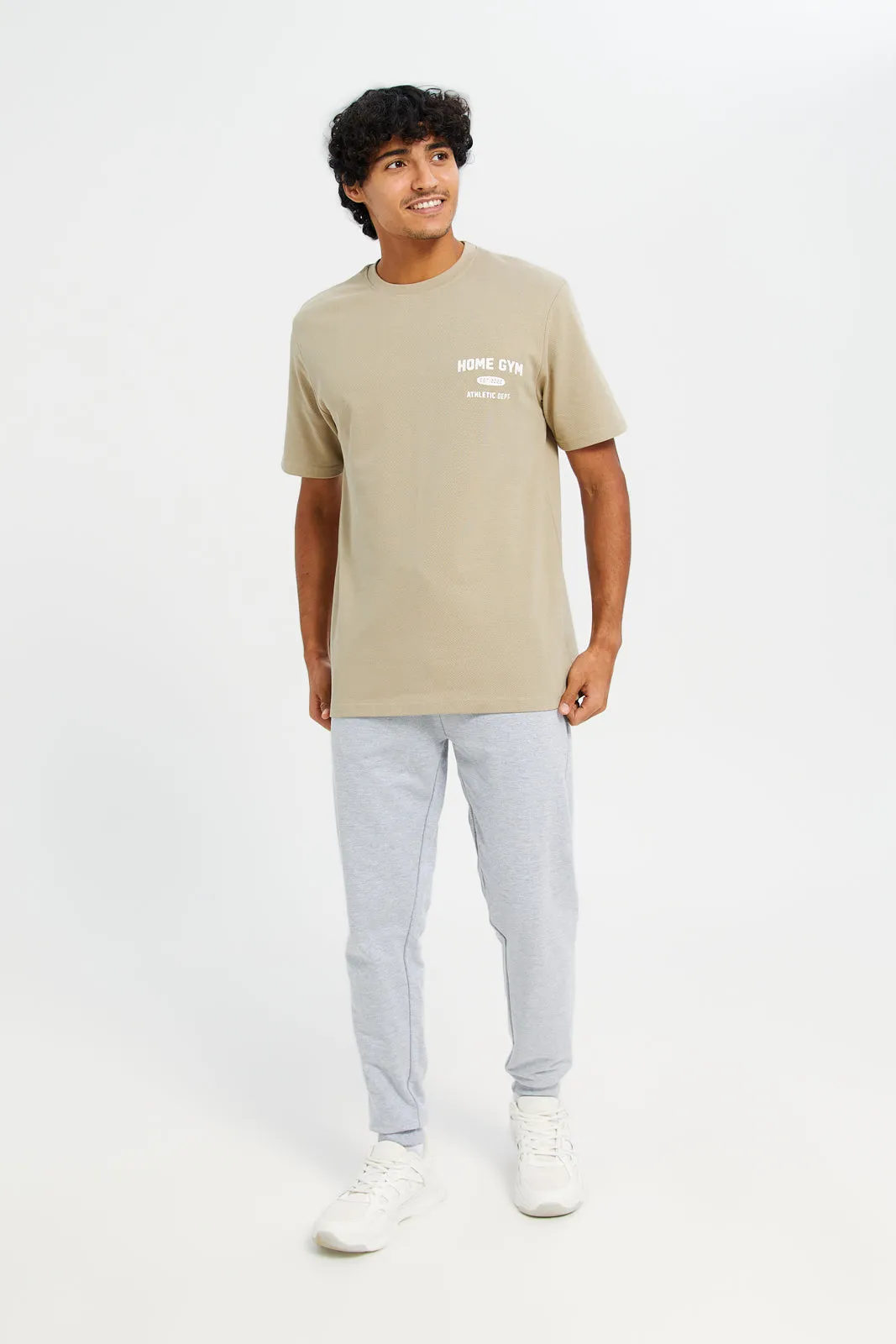 Men Beige Jacquard Logo T-Shirt sold by Redtag product image thumbnail 2