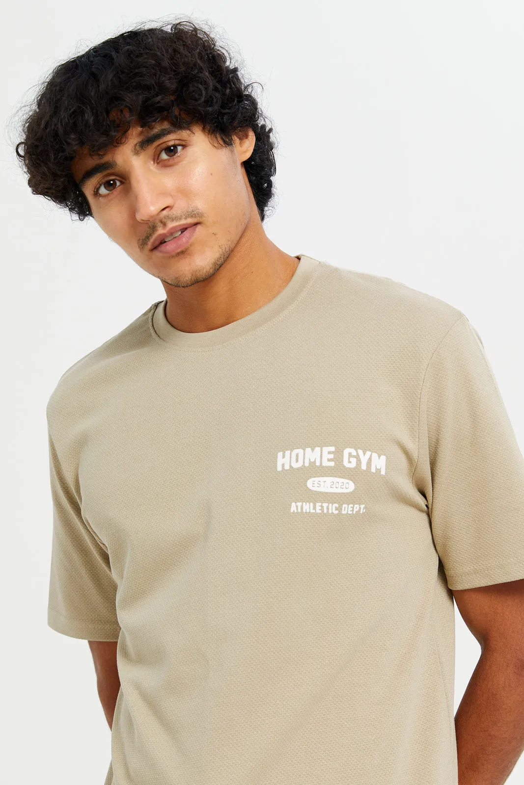 Men Beige Jacquard Logo T-Shirt sold by Redtag product image thumbnail 4