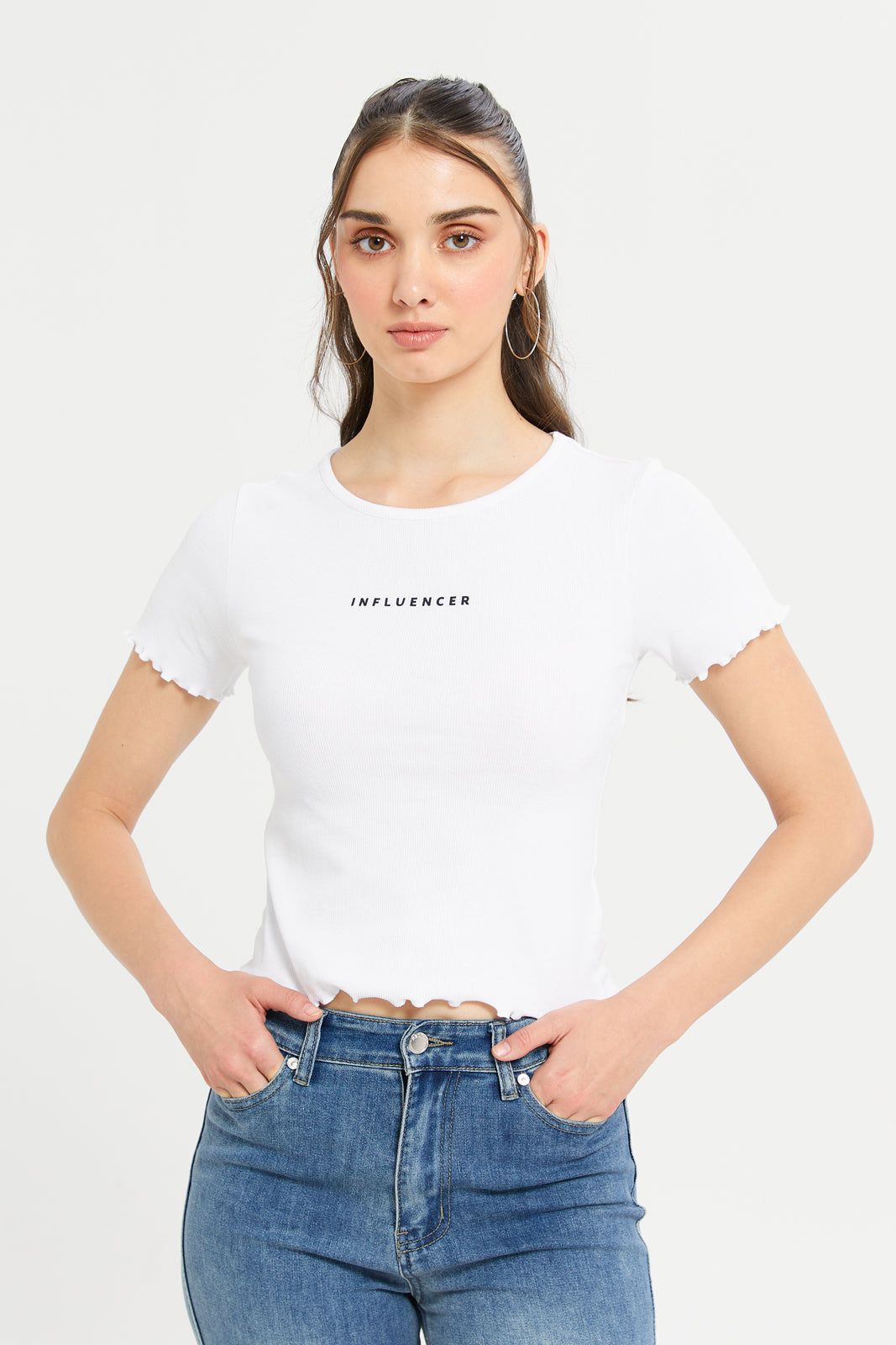 Women White Influencer Ribbed T-Shirt sold by Redtag