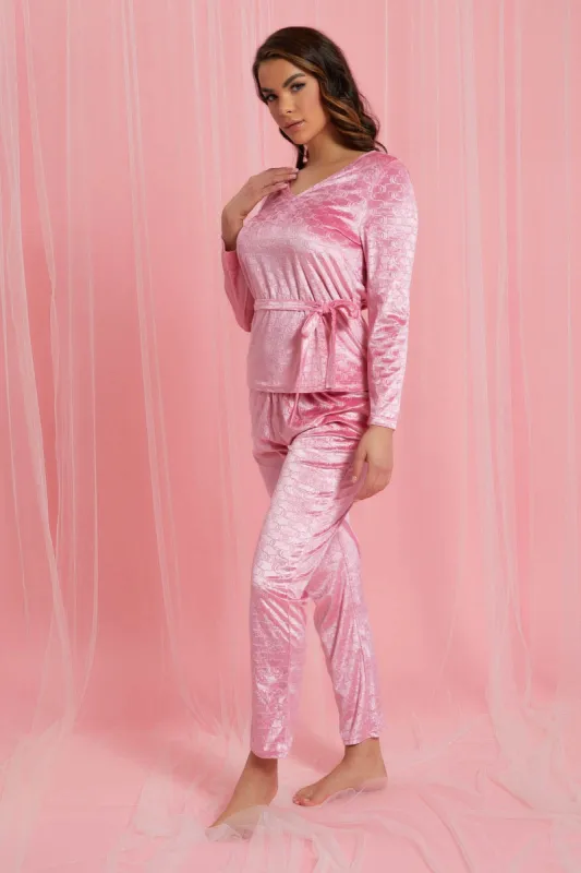 Pink Plain Velvet Pyjama Set (2 Piece) sold by Redtag