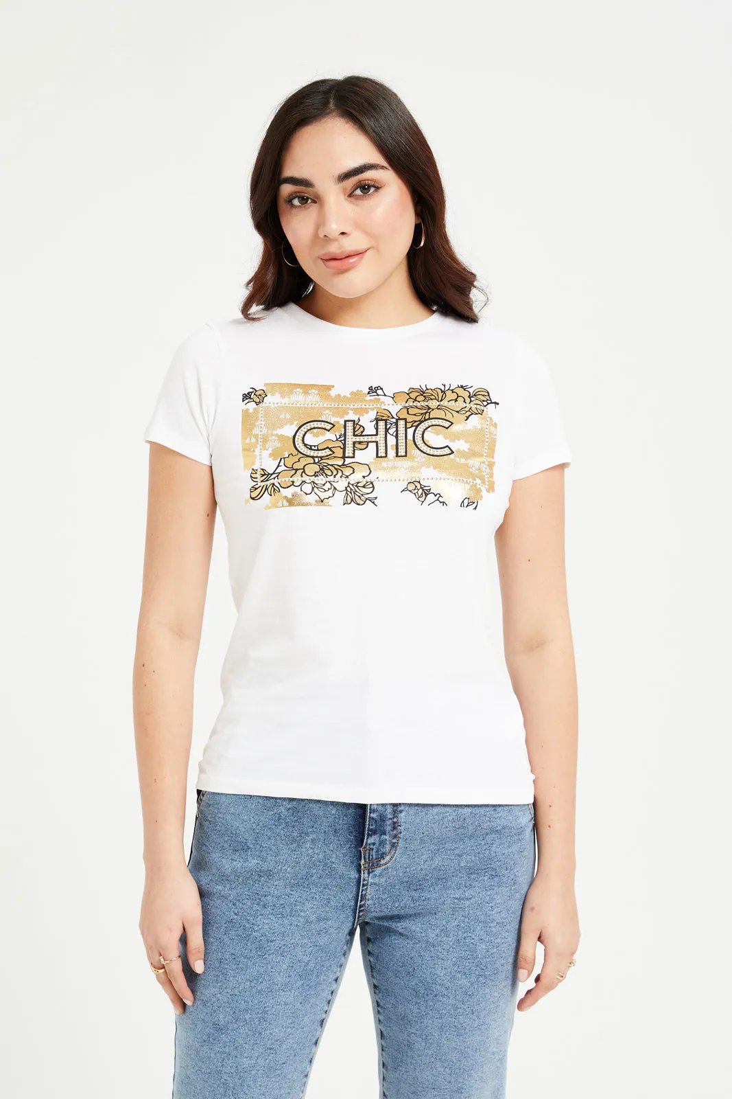 Women White Chic Foil T-Shirt sold by Redtag