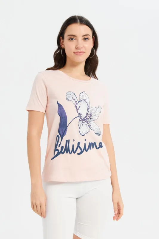 Women Pink Printed Embellished T-Shirt sold by Redtag