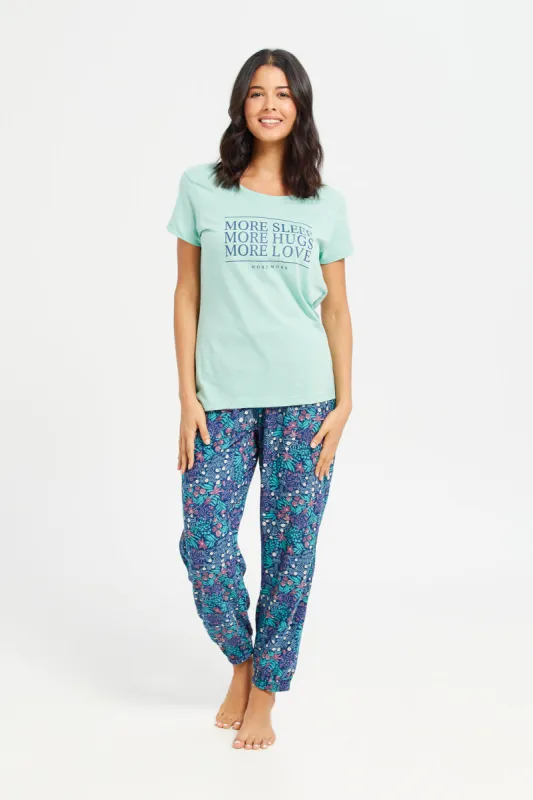 Women Mint And Blue Printed Pyjama Set (2 Piece) sold by Redtag