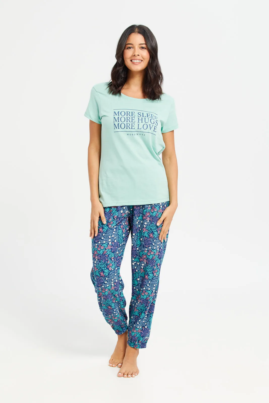 Women Mint And Blue Printed Pyjama Set (2 Piece) sold by Redtag