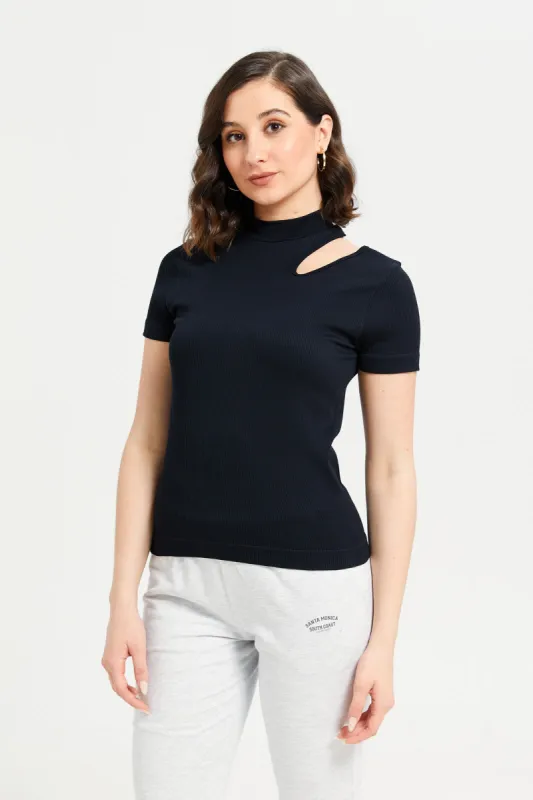 Women Black Ribbed Cutout T-Shirt sold by Redtag