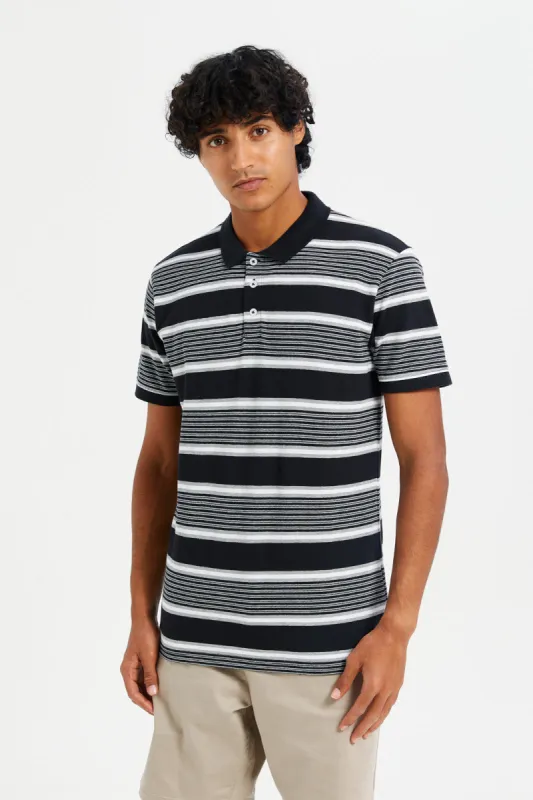 Men Grey And Black Striped Polo Shirt sold by Redtag