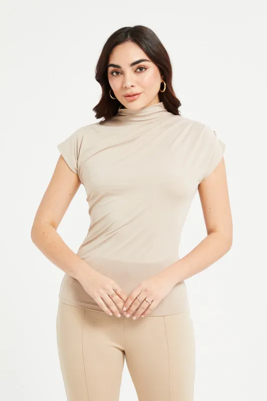 Women Beige Pleat Detailed High Neck Jersey Top sold by Redtag