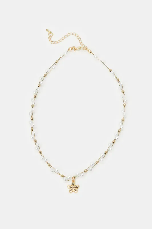 Women Gold And White Embellished Pearl Necklace sold by Redtag