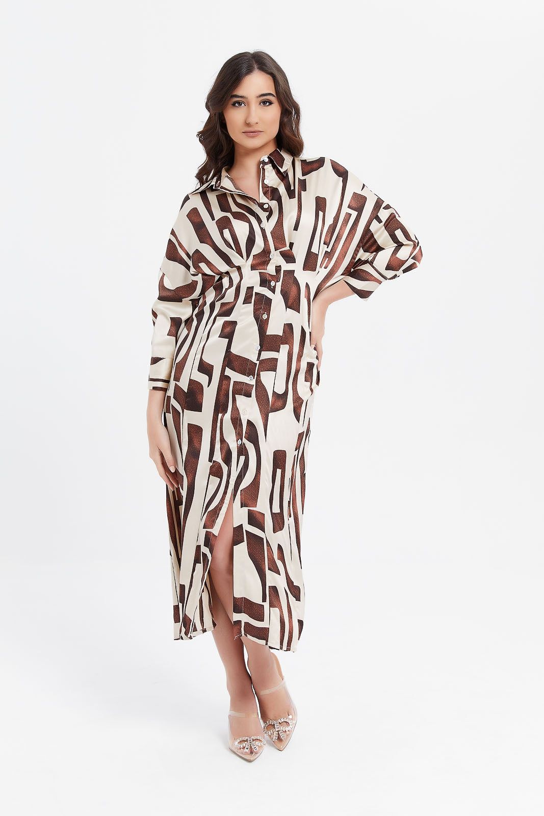 Women Cream And Brown Printed Collared Shirt Dress sold by Redtag