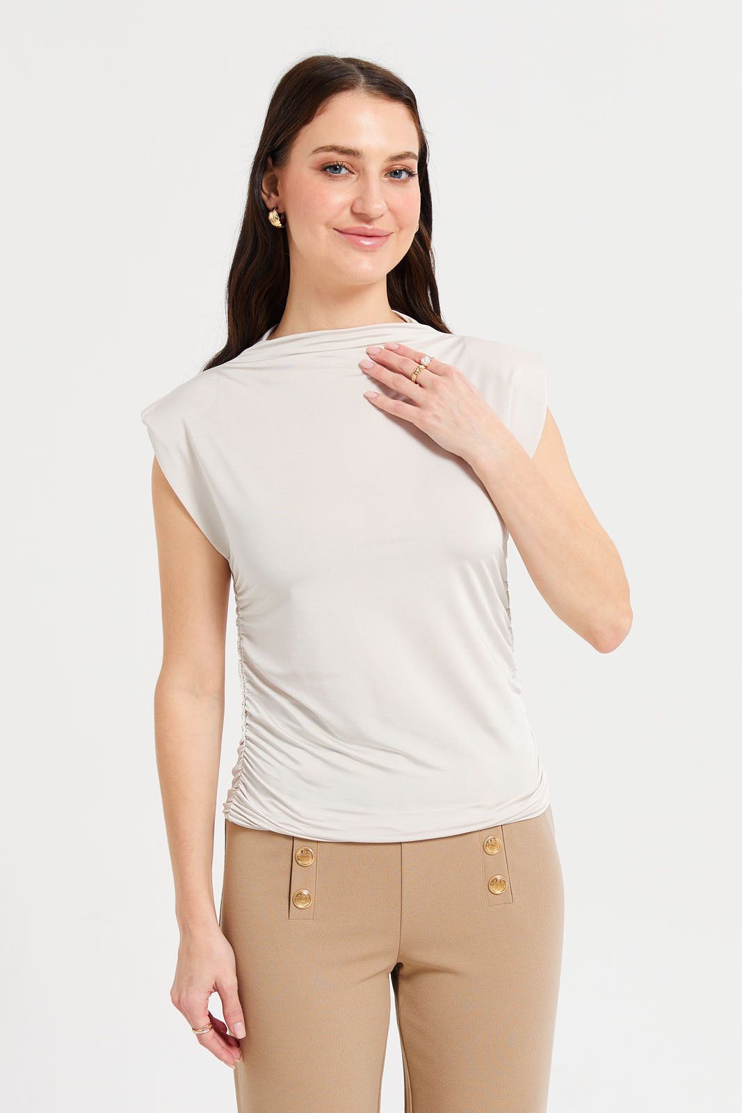 Women Gold Side Ruched Sleeveless Top sold by Redtag