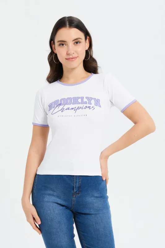 Women White Rib Printeed T-Shirt sold by Redtag