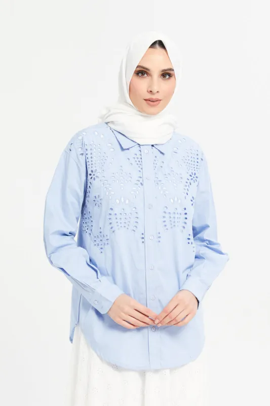 Women Blue Schiffily Embroidered Cotton Shirt sold by Redtag