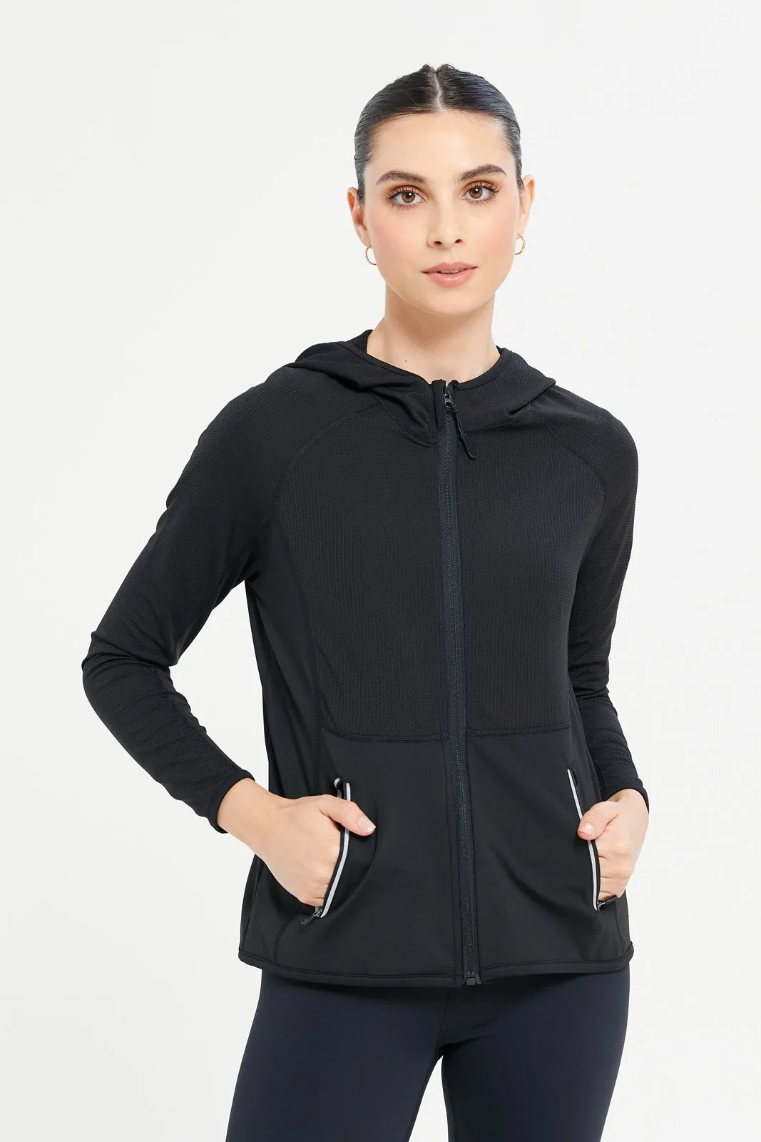 Women Black Hoodie Zip Through Sweatshirt sold by Redtag